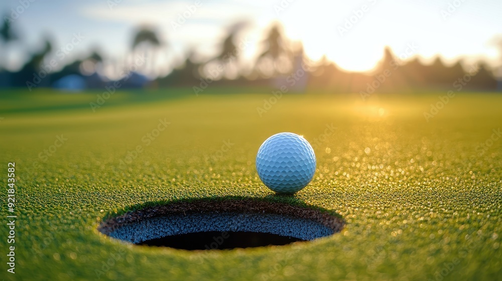 Golf ball perfectly balanced on the edge of the hole, showing the fine line between success and failure in precision Golf ball perfectly balanced on the edge of the hole, showing the fine line between success and failure in precision