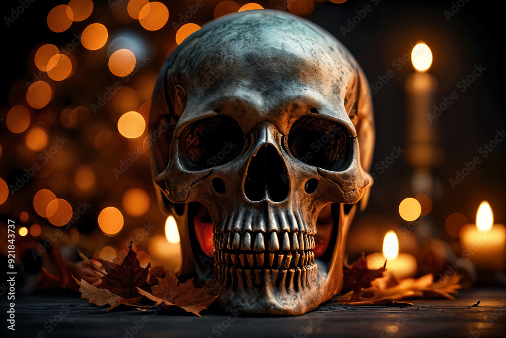 Large skull with prominent teeth and eye sockets, placed on a surface surrounded by autumn leaves and illuminated by warm, ambient lighting. Large skull with prominent teeth and eye sockets, placed on a surface surrounded by autumn leaves and illuminated by warm, ambient lighting.