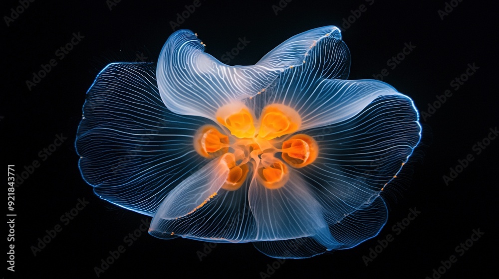 Obraz premium A close-up of an orange-lit jellyfish in black water