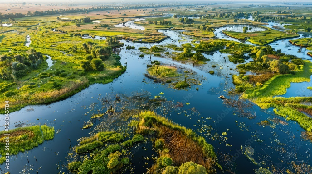 Aerial view of a wetland area during the rainy season, highlighting the intricate network of waterways and the rich biodiversity. Aerial view of a wetland area during the rainy season, highlighting the intricate network of waterways and the rich biodiversity.