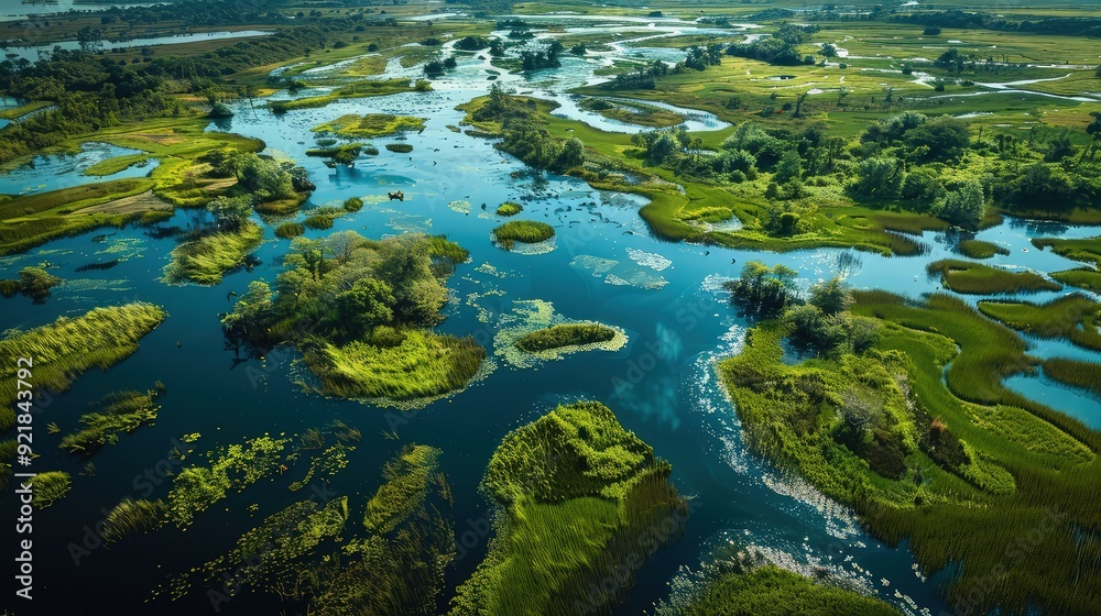 Aerial view of a wetland area during the rainy season, highlighting the intricate network of waterways and the rich biodiversity. Aerial view of a wetland area during the rainy season, highlighting the intricate network of waterways and the rich biodiversity.