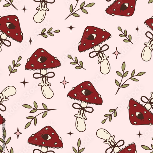 Seamless vector pattern with hand drawn psychedelic mushroom with an eye. Abstract background with strange amanita. Wallpaper, wrapping paper, textile design