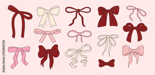 Vector set of cute coquette bows. Pastel pink, white and red elegant ribbons line art illustration. Hand drawn silk tape accessory. Girly decor clipart