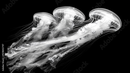  A monochrome image of a jellyfish floating on water with its head visible photo