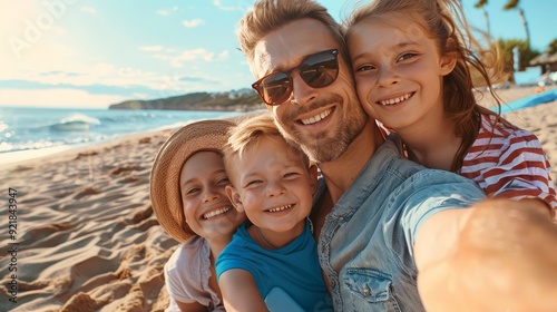 Wallpaper Mural Happy family vacation selfie on stunning beach at sunrise, creating joyful and vibrant scene Torontodigital.ca