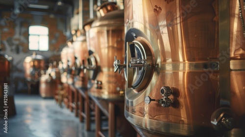 A row of large copper tanks with a metallic look