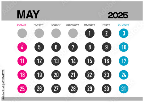 2025年の5月のカレンダー日曜始まり