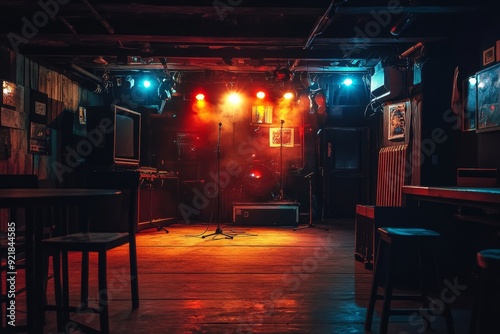 Fototapeta Naklejka Na Ścianę i Meble -  Photography shot, A small live venue stage, where bands or hip-hop perform, dark lighting.