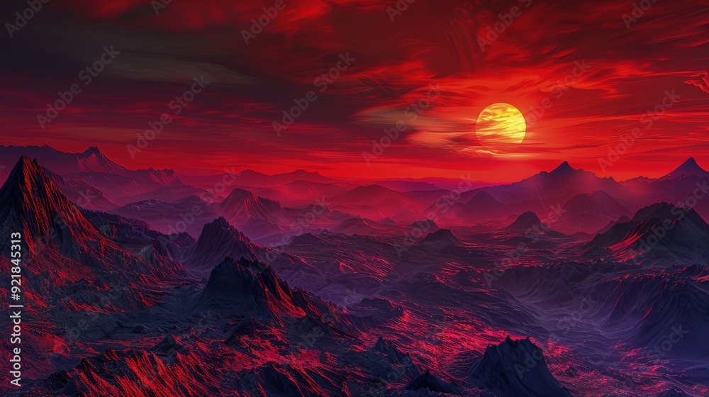 An alien world at sunset, with the sun casting a fiery red glow over the mountainous landscape. The sky is a tapestry of deep reds and purples, adding to the surreal ambiance. An alien world at sunset, with the sun casting a fiery red glow over the mountainous landscape. The sky is a tapestry of deep reds and purples, adding to the surreal ambiance.