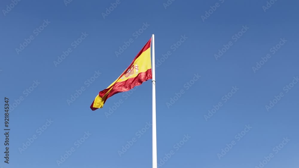 National Spanish flag waving in a smooth wind in a white mast. Sunny day with a totally blue sky. Colon Square, Madrid. 4K 60FPS National Spanish flag waving in a smooth wind in a white mast. Sunny day with a totally blue sky. Colon Square, Madrid. 4K 60FPS