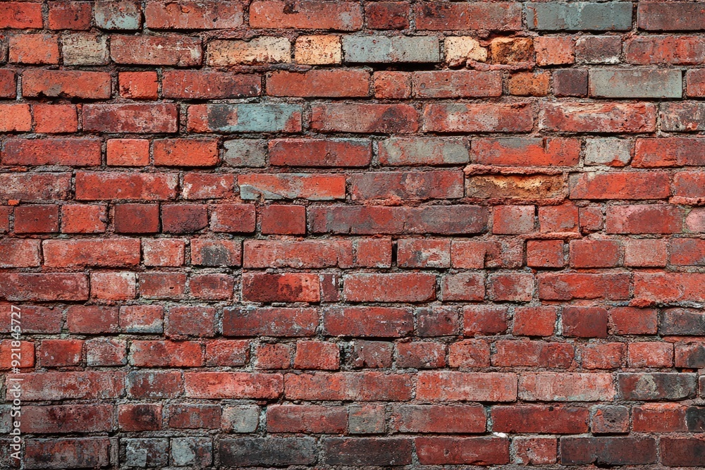 Naklejka premium Red brick wall with aged texture. Great for backgrounds and design projects.