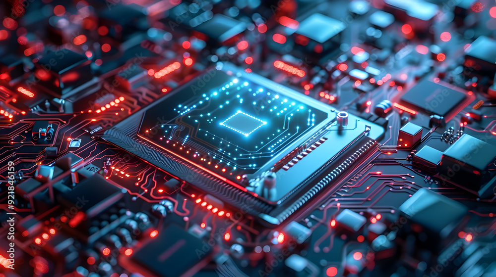 Fototapeta premium Abstract 3D Rendering of a Circuit Board with a Glowing CPU - Futuristic Technology