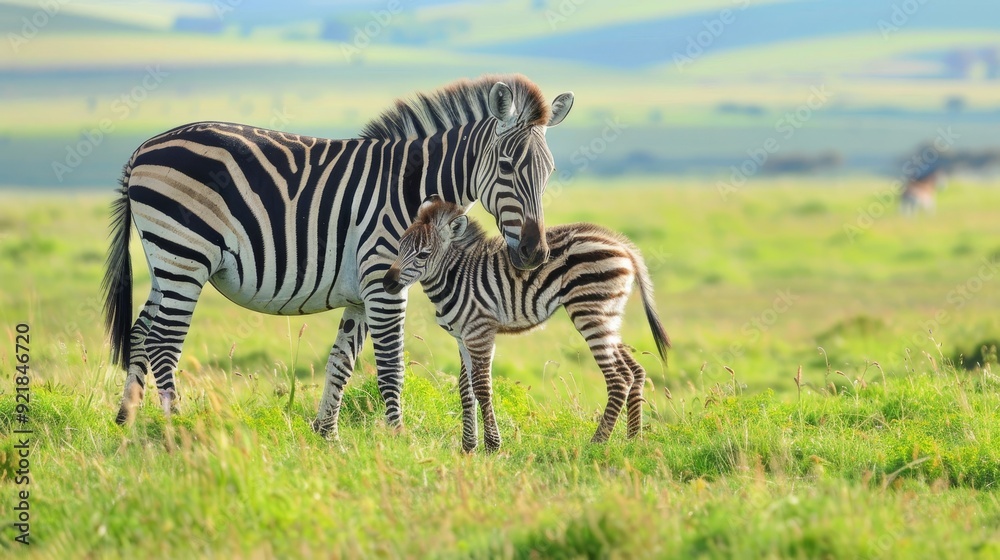 Obraz premium Maternal bond zebra foal nuzzling mother in serene meadow, harmonizing stripes in soft light