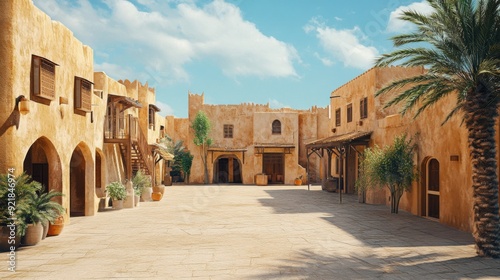 A narrow street with traditional architecture in a Middle Eastern city. The buildings are all made of pale yellow stone and have arched doorways and windows.