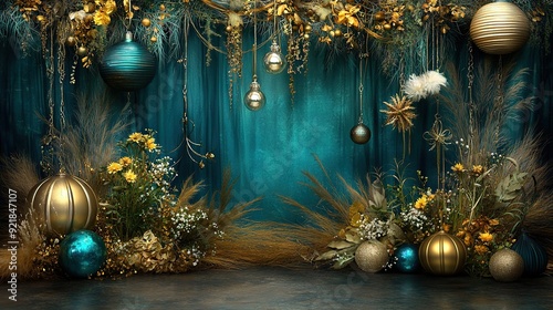   Blue and gold Christmas scene with baubles, flowers, feathers, and gold ornaments