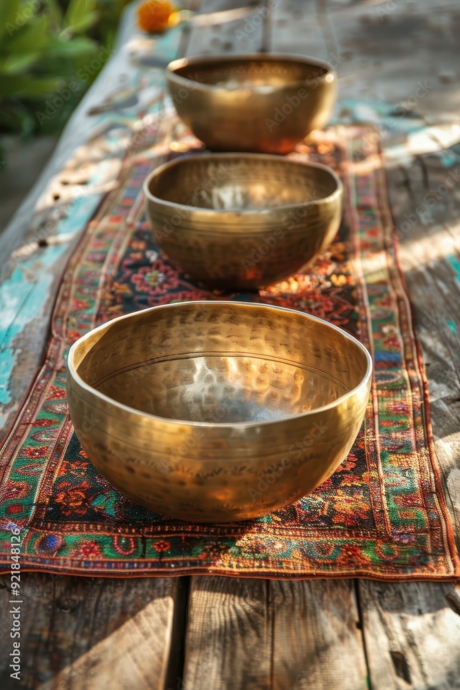 Three Golden Singing Bowls on a Colorful Rug Three Golden Singing Bowls on a Colorful Rug