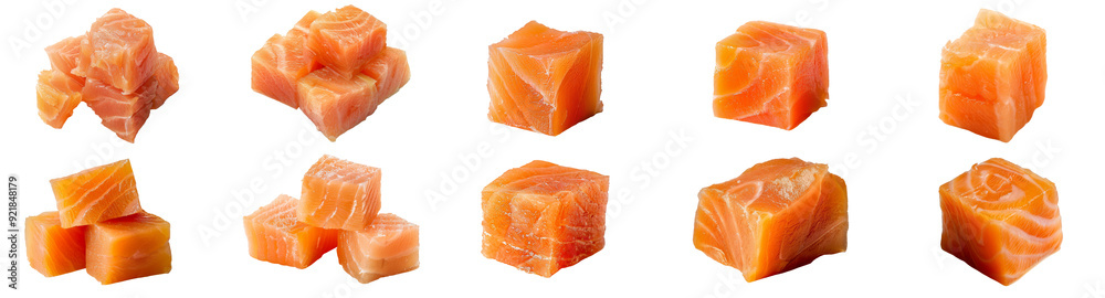 Various size of Salmon cubes collection isolated on background, fillet fish salmon Sashimi slices menu. Various size of Salmon cubes collection isolated on background, fillet fish salmon Sashimi slices menu.