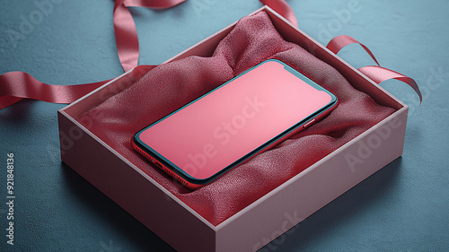 Illustration of a smartphone mockup inside a gift box, emphasizing a digital marketing special offer for online shopping sales, on a white background. photo