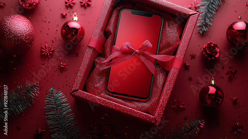 Illustration of a smartphone mockup inside a gift box, emphasizing a digital marketing special offer for online shopping sales, on a white background. photo