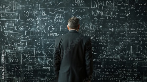 Stressed businessman and question filled chalkboard symbolize search for answers, with copy space