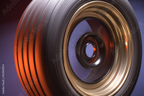 sports matte black with bronze car rims illuminated by blue light, long exposure photography for motion blur effect while spinning