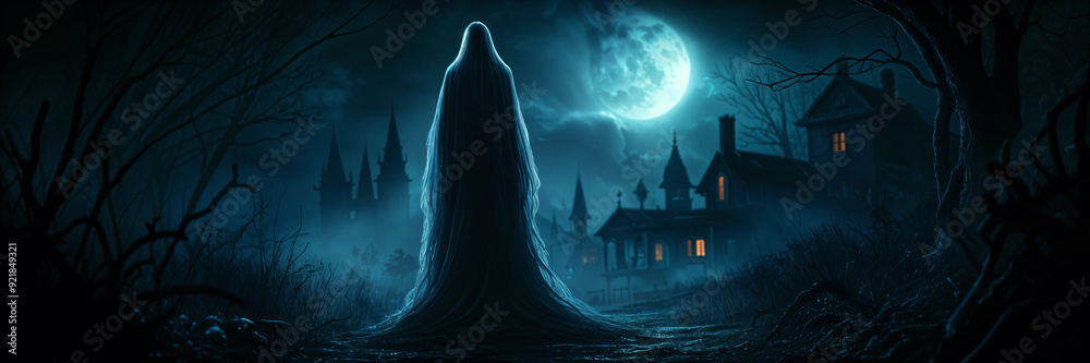 Dark, eerie landscape with a full moon. A cloaked figure stands prominently in the foreground, gazing towards a distant village. The overall atmosphere is one of mystery and suspense. Dark, eerie landscape with a full moon. A cloaked figure stands prominently in the foreground, gazing towards a distant village. The overall atmosphere is one of mystery and suspense.