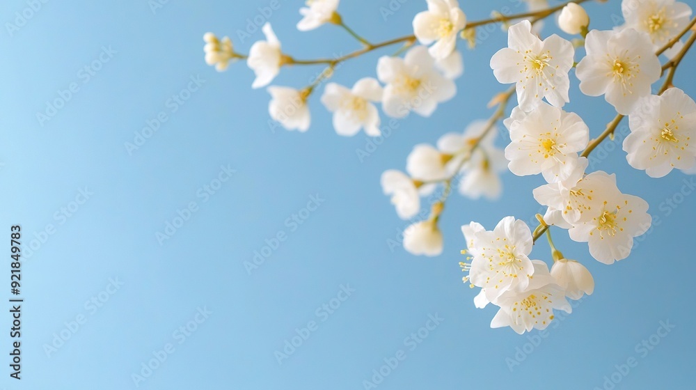A photo of white flowers dangling on a branch against a blue sky A photo of white flowers dangling on a branch against a blue sky
