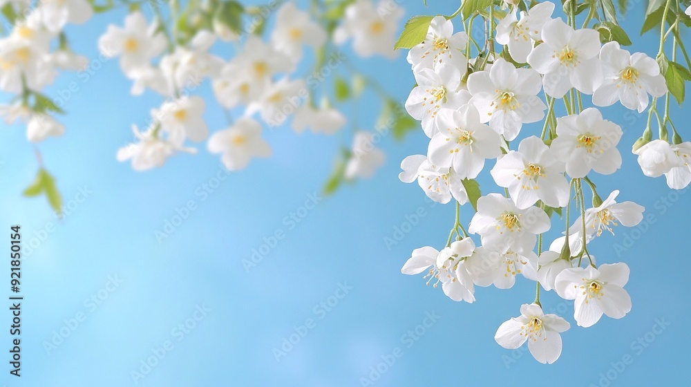 A blue sky with white flowers, green leaves, and clouds in the background A blue sky with white flowers, green leaves, and clouds in the background