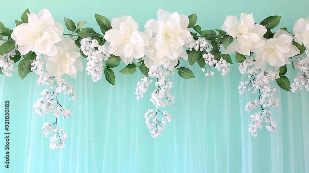 Obraz premium A cluster of white blossoms dangling from a wall's edge, alongside verdant foliage and more floral decorations