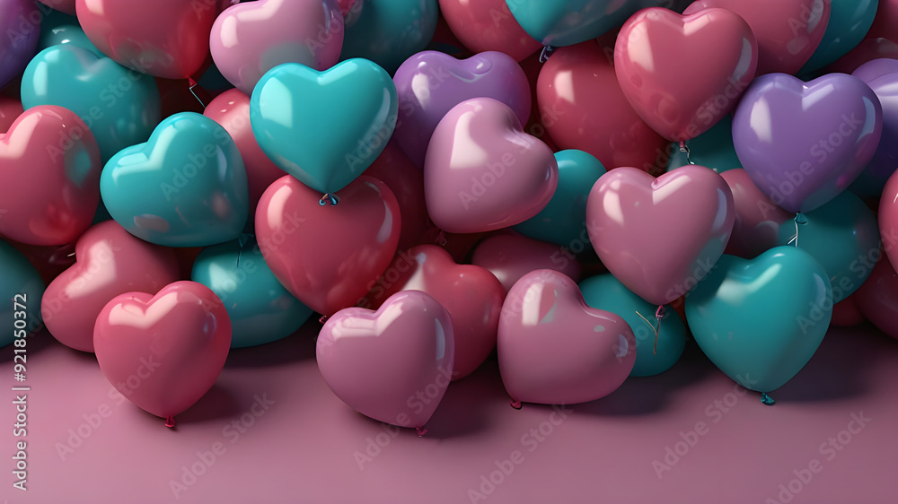 Multicolored balloon heart in love. Balloons in the colors pink, violet, and turquoise are shaped like hearts. 3D model builder. Multicolored balloon heart in love. Balloons in the colors pink, violet, and turquoise are shaped like hearts. 3D model builder.