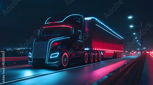 Futuristic Technology Concept: Autonomous Semi Truck with Cargo Trailer Drives at Night on the Road with Sensors Scanning Surrounding. Special Effects of Self Driving Truck Digitalizing Freeway ,Futur