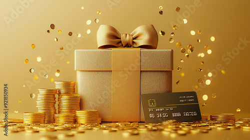 3D illustration of a gift box with a sale coupon, gold coins, and a credit card, on a podium with yellow light, showcasing a cash back voucher template design. photo