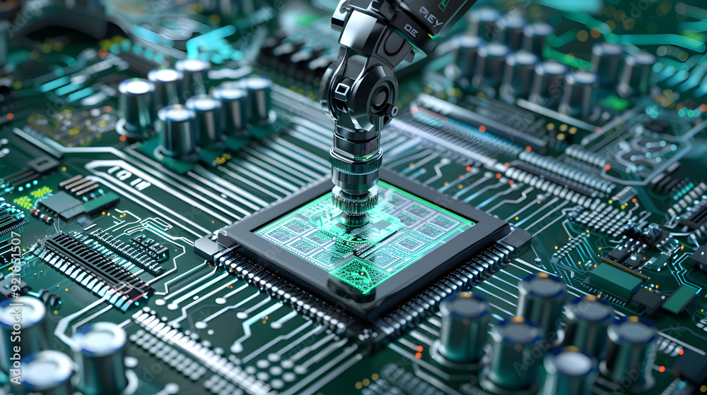 3D Illustration of a Robotic Arm Installing a Microchip on a Circuit Board 3D Illustration of a Robotic Arm Installing a Microchip on a Circuit Board