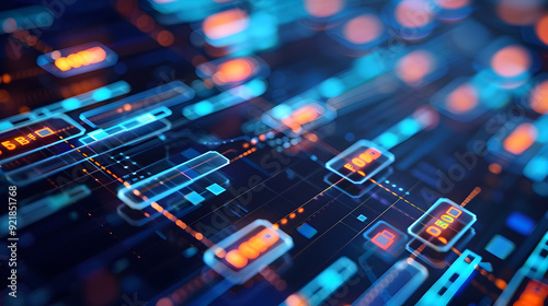 Abstract Digital Interface Background with Glowing Blue and Orange Elements