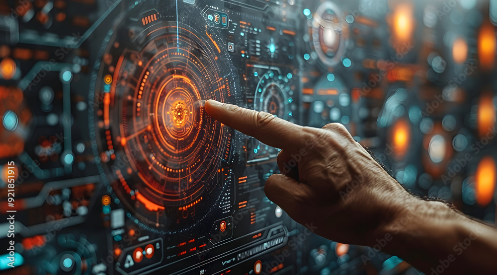 Futuristic Interface with Hand Interacting with Orange and Blue HUD Illustration