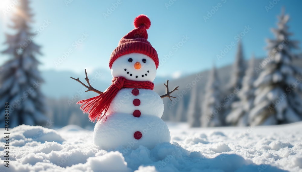 Obraz premium A snowman in a red hat and scarf is standing in the snow with a blue sky and trees in the background.