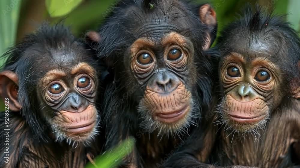 Three playful baby monkeys explore their lush rainforest habitat Three playful baby monkeys explore their lush rainforest habitat