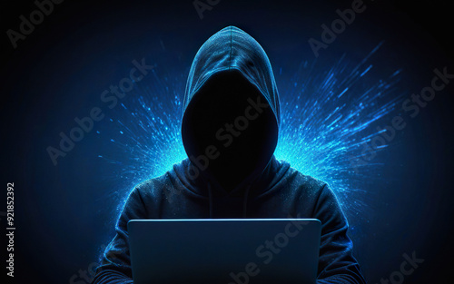 hacker, scammer, in a hoodie with his face covered in shadow, working with a laptop, cybersecurity