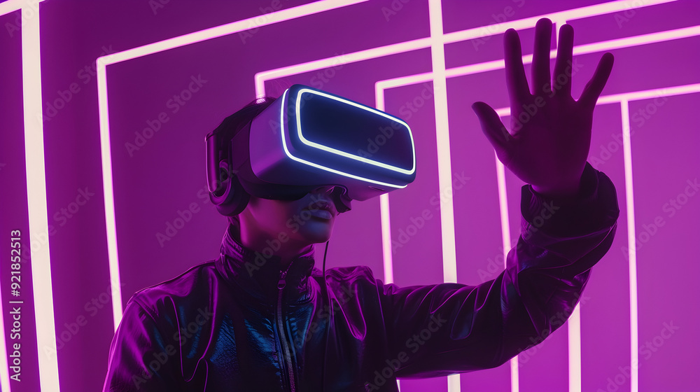 Person Wearing VR Headset and a Jacket in Purple Neon Lights Illustration