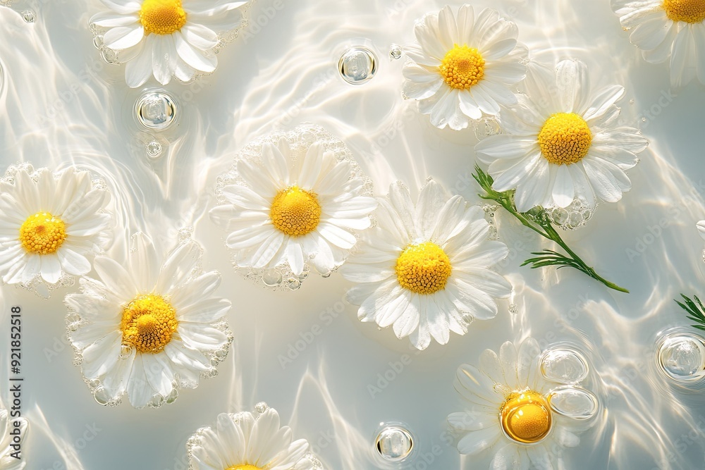 Fototapeta premium top view fresh chamomile flowers on water surface with circles and drop clear water 