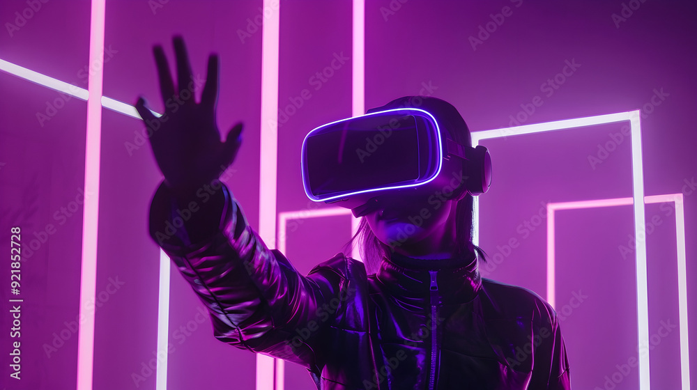 Woman Wearing VR Headset in Neon Purple Room Illustration Woman Wearing VR Headset in Neon Purple Room Illustration