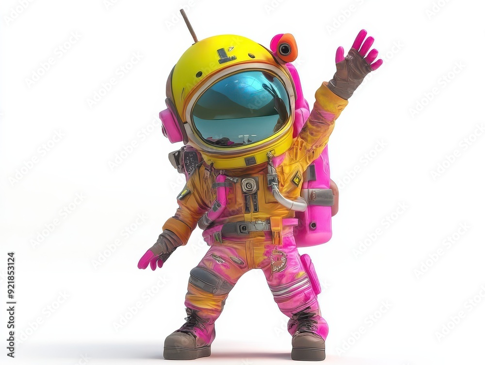 Colorful astronaut character wearing bright suit and helmet waving excitedly. Fun and vibrant space exploration concept. Colorful astronaut character wearing bright suit and helmet waving excitedly. Fun and vibrant space exploration concept.