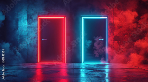 Neon doors featuring red and blue glowing portals, futuristic gates, and magical LED frames. VS battle entrance concept. Vector illustration.