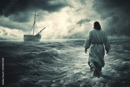 Jesus Christ walking on stormy water toward a fishing boat. 