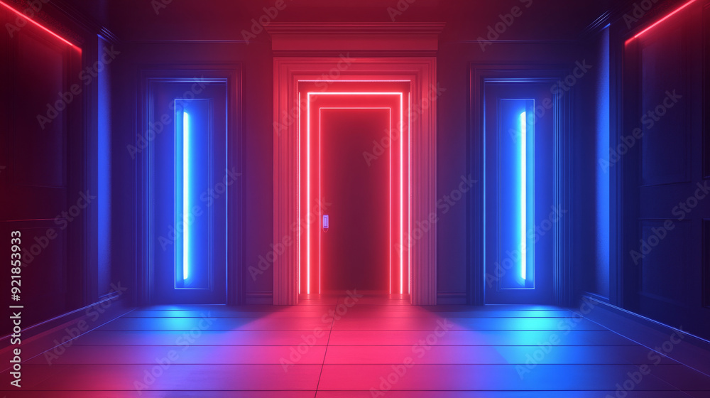 Neon doors featuring red and blue glowing portals, futuristic gates, and magical LED frames. VS battle entrance concept. Vector illustration. Neon doors featuring red and blue glowing portals, futuristic gates, and magical LED frames. VS battle entrance concept. Vector illustration.
