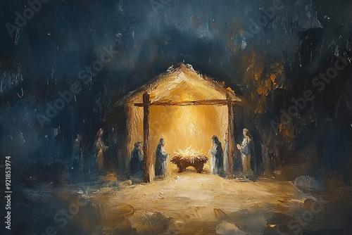 Oil painting of nativity scene with warm light