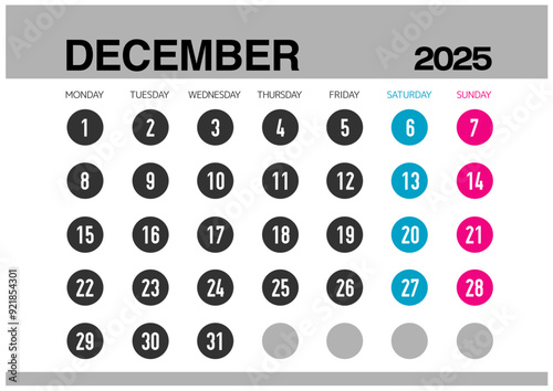 2025年の12月のカレンダー月曜始まり