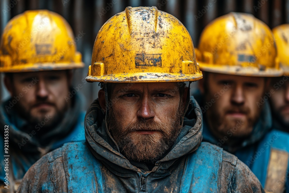 A group of construction workers with yellow hard hats, blue vests. Generative AI A group of construction workers with yellow hard hats, blue vests. Generative AI