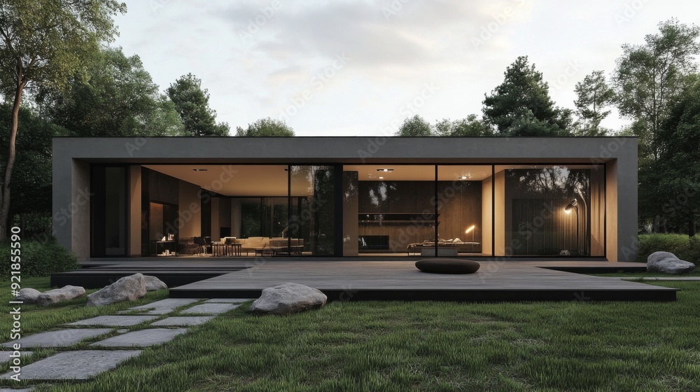 Modern house with large windows overlooking a grassy yard with a stone path. Modern house with large windows overlooking a grassy yard with a stone path.