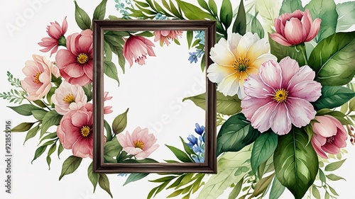 Wildflowers frame watercolor, Floral frame for wedding invitation card, white background